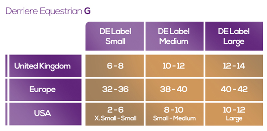 Derriere G Sizing Chart